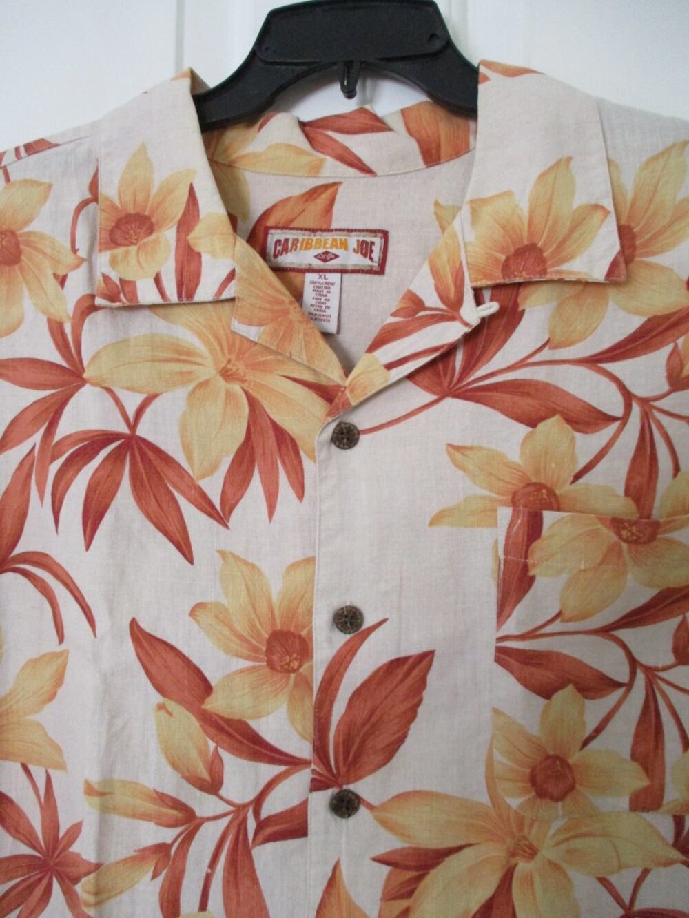 Caribbean Joe Mens S/S Orange Linen Floral Hawaiian Shirt - Size XL